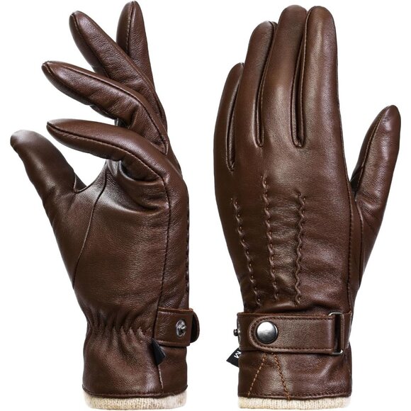 Women's Brown Super Soft Warm Cashmere Lining Genuine Sheepskin Leather Gloves - Picture 1 of 7